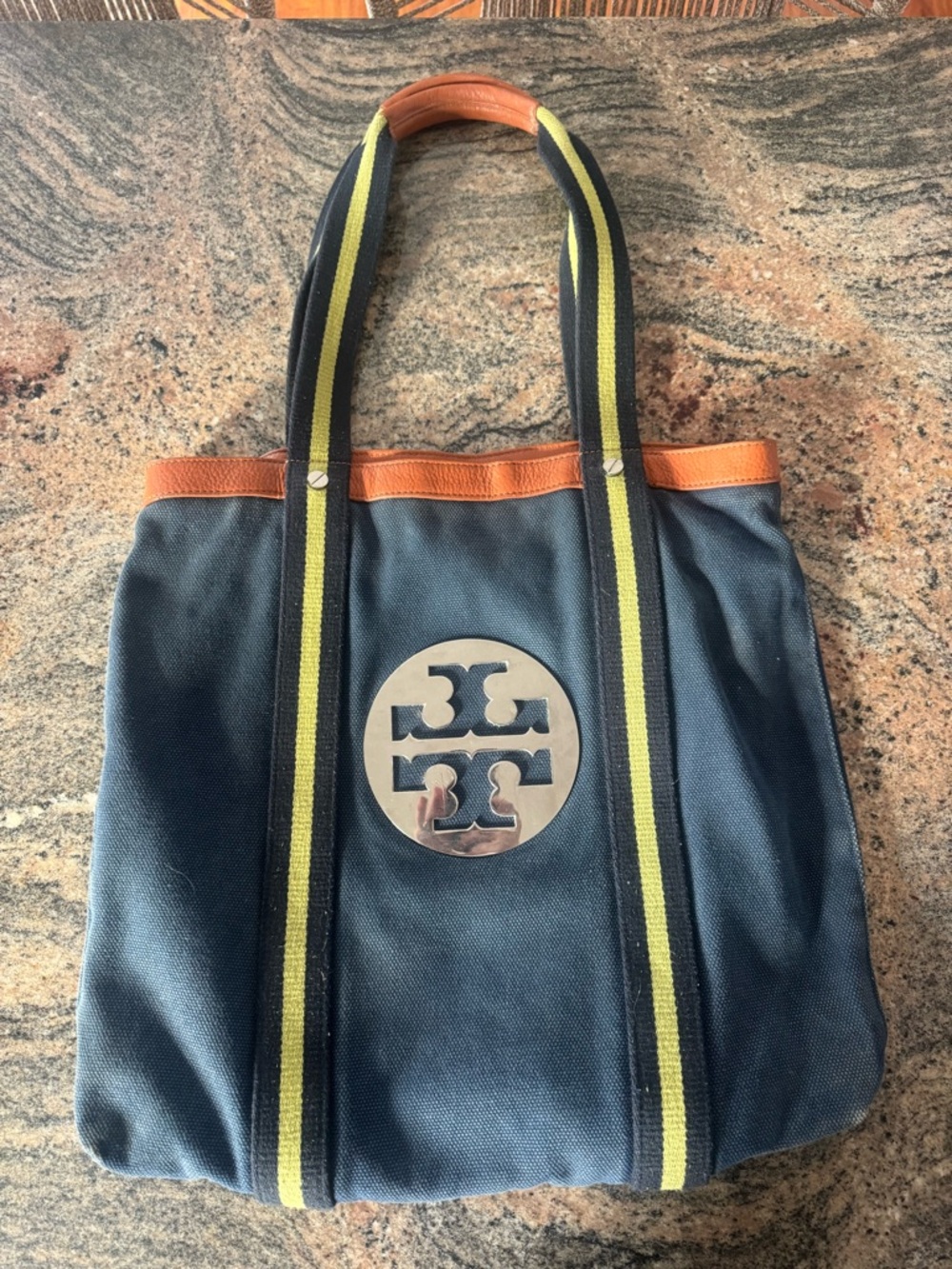 Tory Burch Navy Canvas Tote with Tan Trim and Green-Striped Straps